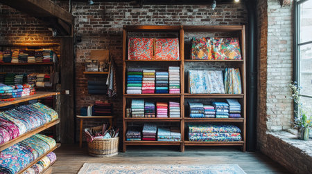 This image features a cozy fabric store showcasing a vibrant selection of colorful textiles neatly arranged on wooden shelves. The rustic brick walls create a warm atmosphere, perfect for crafting and quilting enthusiasts.の素材