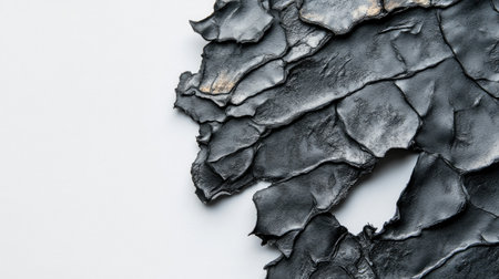 This image features a striking piece of black leather with a cracked texture on a clean white background. The intricate patterns and visual appeal make it ideal for artistic projects.の素材