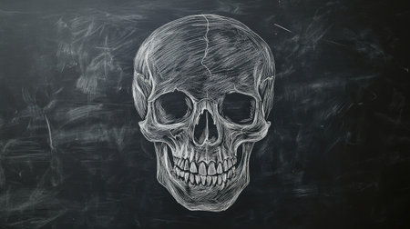 This image features a detailed chalk drawing of a human skull on a black chalkboard backdrop, ideal for educational purposes, artistic projects, and anatomy studies.の素材