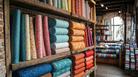 A captivating view of vibrant wallpaper rolls stacked neatly on wooden shelves, showcasing an array of patterns and textures in a charming craft store setting.の素材