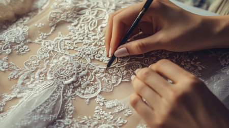 A close-up view showcasing the delicate hand embroidery on a wedding dress, highlighting intricate lace details and the mastery of the artisan's skill.の素材