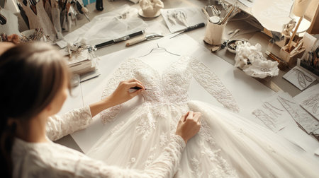 A seamstress skillfully sketches an elegant wedding dress adorned with lace, surrounded by tools and materials in a creative workspace, capturing artistry.の素材
