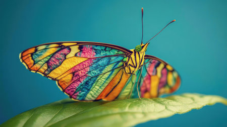 A stunning portrait of a colorful butterfly perched gracefully on a leaf against a bright blue background, showcasing nature's vivid beauty and detail.の素材