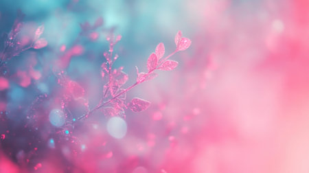 A stunning abstract image showcasing a dreamy mix of pink and blue hues with bokeh effects and dew-covered leaves, capturing the essence of nature's beauty.の素材