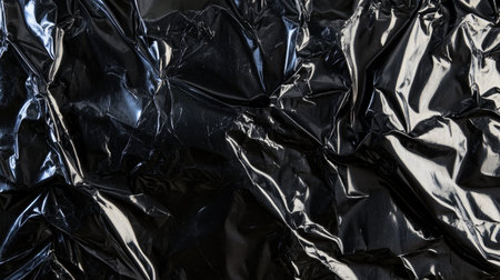 This image features a smooth black crumpled foil surface with a glossy texture, providing a modern and elegant background for various creative projects.の素材