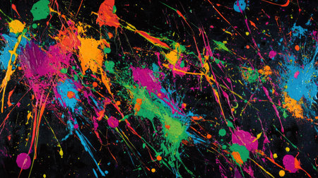 Colorful paint splashes create a dynamic and energetic composition against a black background, showcasing vibrant hues and artistic expression.の素材