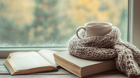 A cozy scene featuring a warm cup of coffee resting on stack of books beside a knitted scarf, viewed through a rainy window, creating a tranquil atmosphere.の素材