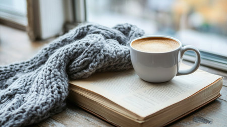 A charming morning scene featuring a white coffee mug resting atop an open book, accompanied by a soft knit throw. Natural light adds warmth and tranquility.の素材