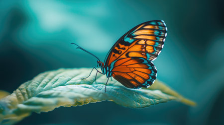 A stunning close-up image of a vibrant monarch butterfly resting on a green leaf, showcasing its detailed wings against a softly blurred background.の素材