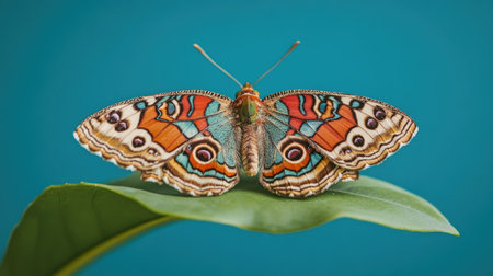 A stunning close-up of a vibrant butterfly resting on a green leaf, set against a bright turquoise background, showcasing its intricate patterns and vivid colors.の素材