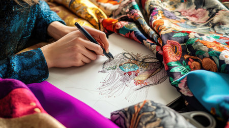 A skilled artist is deeply engaged in sketching a fashion design surrounded by a rich array of colorful fabrics. The bright studio setting showcases creativity and artistry through vibrant textiles and professional tools.の素材
