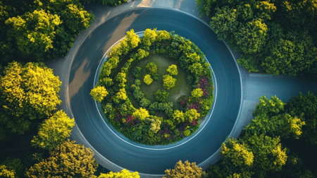 This stunning aerial image showcases a circular road enveloped by lush greenery, vibrant flowers, and a serene landscape, ideal for nature-themed projects.の素材