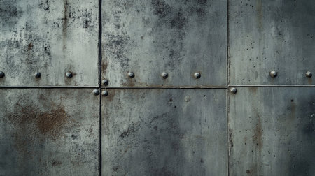 Close-up of industrial metal wall panels displaying a textured surface with rust and prominent rivets, perfect for backgrounds in design projects.の素材