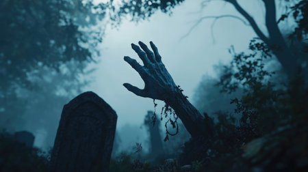 Immerse yourself in this haunting graveyard scene featuring a skeletal hand emerging from the ground amidst swirling fog and ghostly atmosphere.の素材