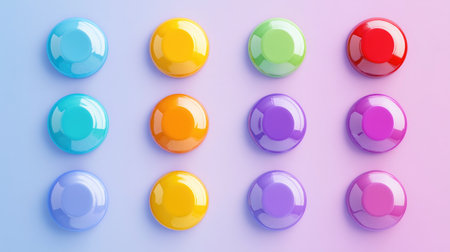 A visually striking arrangement of colorful glossy buttons on a soft pastel backdrop creates a cheerful and modern aesthetic perfect for various design projects.の素材