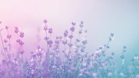 A stunning view of lavender fields bathed in gentle hues of purple and pink, creating a serene and peaceful atmosphere perfect for relaxation.の素材