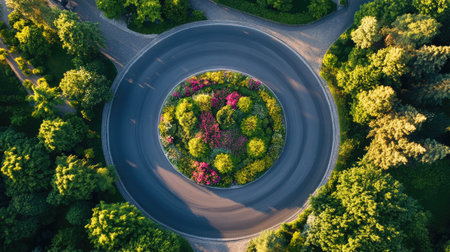 This stunning aerial view captures a roundabout adorned with colorful flower beds and vibrant greenery, illustrating the harmony between nature and urban living.の素材