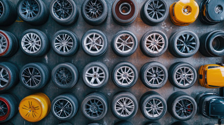 This image showcases an aerial view of a well-organized tire selection in an automotive garage, featuring various designs and colors, perfect for transportation-focused projects.の素材