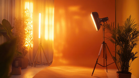 A serene indoor photography studio featuring a warm orange backdrop, professional lighting, and lush green plants, perfect for creative projects and portraits.の素材