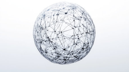 This image features an abstract 3D representation of a sphere formed by intricate network connections, symbolizing digital communication and global data exchange.の素材