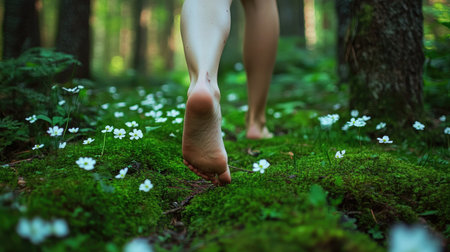 A serene image of a person walking barefoot through a vibrant green forest, surrounded by white flowers and soft moss, evoking feelings of tranquility and connection to nature.の素材