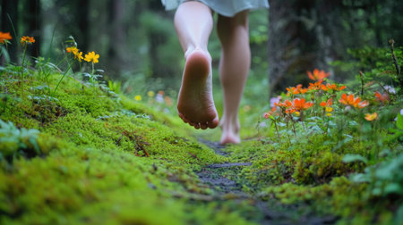 A serene scene of a woman walking barefoot on a mossy forest path, surrounded by vibrant flowers. The image evokes a sense of peace and connection to nature.の素材