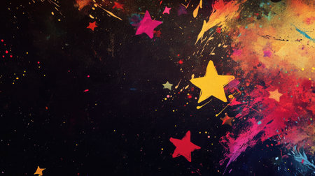 This vibrant abstract design features colorful stars and paint splashes against a dark background, perfect for various creative projects or artistic expressions.の素材