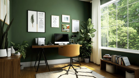 A modern home office featuring a stylish desk and computer, enhanced by green walls and abundant natural light, creating an inviting workspace.の素材