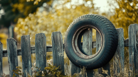 A weathered wooden fence displays a single tire, creating a striking visual in a serene outdoor setting, capturing a sense of rustic charm and nature's beauty.の素材