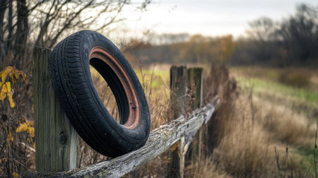 A solitary tire leans against a wooden fence post in a tranquil autumn landscape, surrounded by dried grasses and warm colors, evoking a sense of rustic charm.の素材