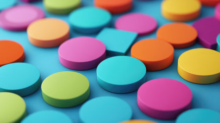 This image features an array of colorful geometric shapes scattered on a vibrant blue background, perfect for artistic projects or design inspiration.の素材