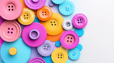 Bright and colorful buttons of various sizes are artistically arranged on a white background, perfect for creative projects or design inspiration.の素材