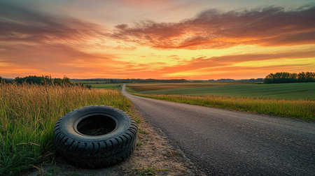 A picturesque shot capturing a winding rural road edged by tall grass and an abandoned tire, complemented by a stunning sunset and expansive fields.の素材