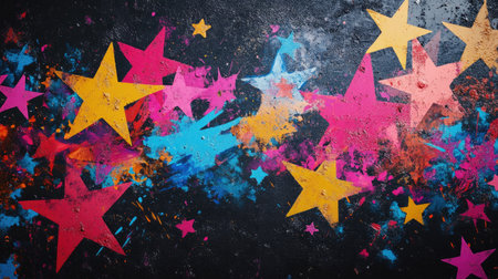 This vibrant abstract background features colorful stars in bright hues amidst dynamic splashes of paint. Perfect for creative projects and designs.の素材