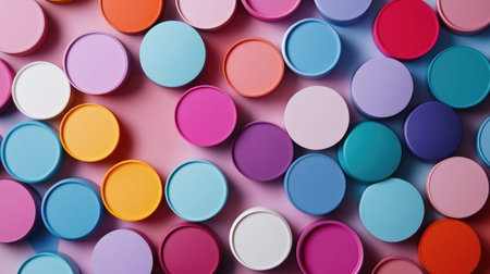 A vibrant, colorful assortment of circular containers arranged in an interesting abstract pattern, perfect for creative projects or as a striking background.の素材