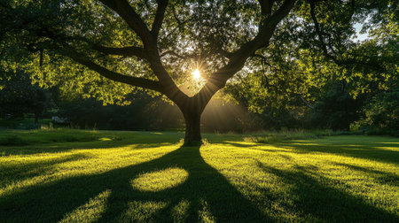 A breathtaking view of a majestic tree framed by the warm golden rays of sunset, casting intricate shadows on a lush green lawn, evoking peace and serenity.の素材