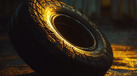 A captivating close-up image of a wet tire resting on a reflective surface, illuminated by a warm light, showcasing intricate details and textures.の素材