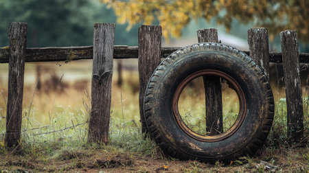 An old tire leans against a weathered wooden fence amidst a soft, blurred natural background, creating a serene countryside scene with rustic charm.の素材