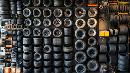 A visually striking display of numerous tires in various sizes and patterns arranged on a warehouse wall, highlighting automotive storage and organization.の素材