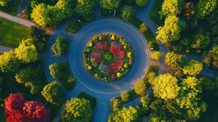 Stunning aerial perspective of a roundabout encircled by vibrant flower beds and lush green trees, showcasing the beauty of nature in an urban environment.の素材