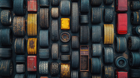 An aerial view of a diverse collection of tires showcasing various patterns, textures, and colors arranged on a dark asphalt background.の素材
