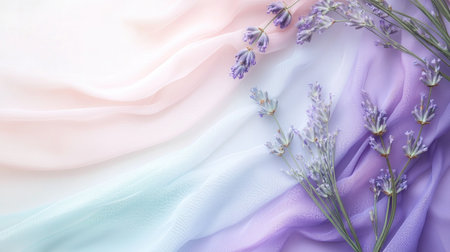 This beautiful arrangement features soft pastel drapery in pink, blue, and purple, accented by fresh lavender flowers, perfect for various decorative purposes.の素材