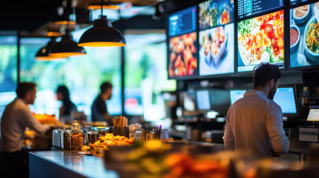 An inviting and vibrant restaurant interior showcasing digital menu boards, chefs preparing meals, and customers enjoying their dining experience.の素材