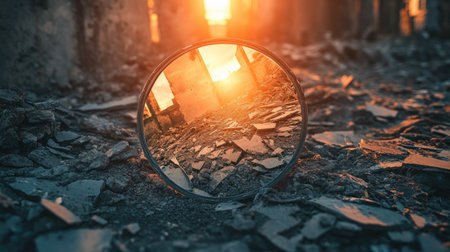 A captivating reflection of a sunrise captured in a broken mirror amidst debris in an abandoned space, symbolizing hope and renewal.の素材