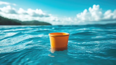 A bright orange bucket floats serenely on clear blue ocean water under a clear sky. Soft clouds add depth to this tranquil scene, perfect for summer relaxation.の素材