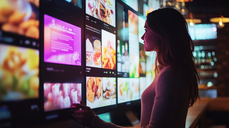 A young woman stands thoughtfully in front of modern digital screens displaying a vibrant array of food options in a stylish restaurant setting.の素材