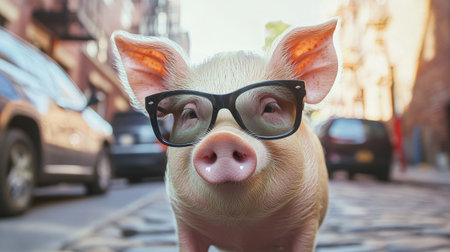This whimsical photograph showcases a pig wearing stylish glasses, set against an urban backdrop, blending humor and creativity for a delightful visual experience.の素材
