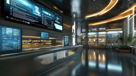 This image showcases a modern cafe interior featuring a sleek design with digital menus, illuminated decor, and a vibrant atmosphere, perfect for socializing.の素材