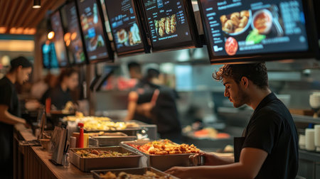 A bustling restaurant kitchen scene showcasing staff engaged in food preparation and service, highlighting vibrant atmosphere and culinary artistry.の素材