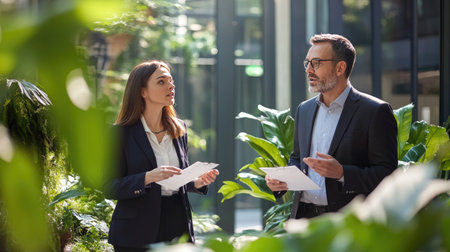 Two professionals engage in a thoughtful discussion surrounded by lush greenery in a modern office setting, emphasizing teamwork and collaboration.の素材